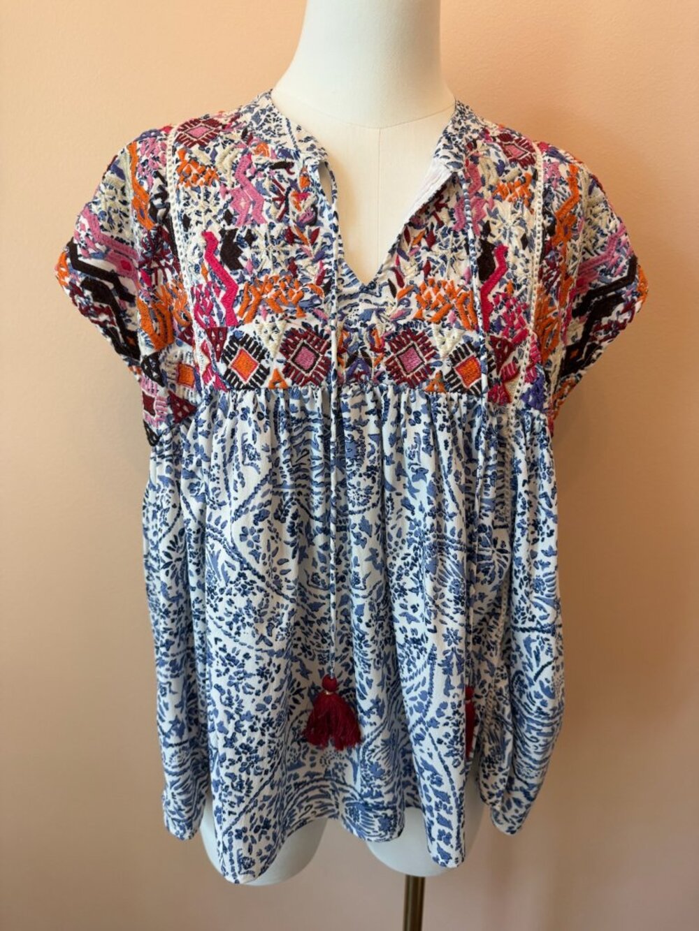 Embroidered Mixed-Print Boho Top - Blue & Pink